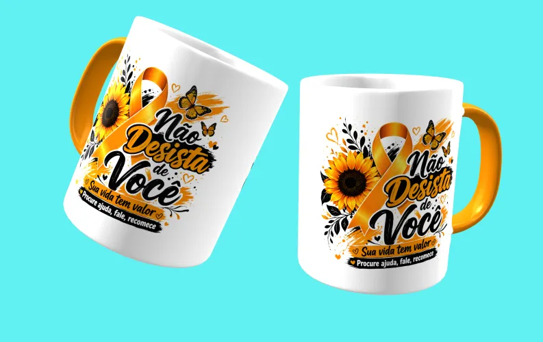 Caneca com visual moderno, ideal para destacar a mensagem de prevenção e apoio ao Setembro Amarelo.
