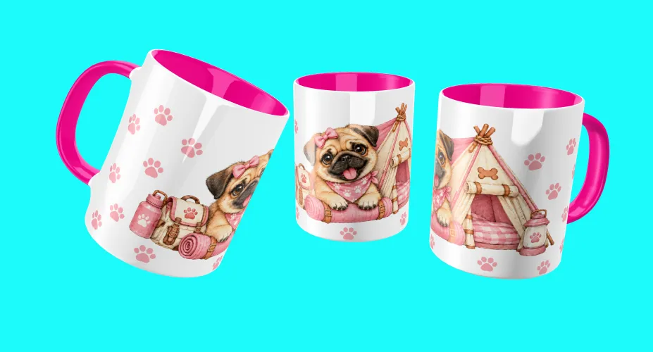 Arte para caneca com grupo de cachorrinhos fofos e patinhas coloridas
Arte para caneca com pug fofo em tema camping rosa
Arte para caneca com cachorrinho fofo em acampamento rosa
Arte para caneca com dálmata fofo em casinha entre nuvens e corações
Arte para caneca com cachorrinho fofo em camping verde