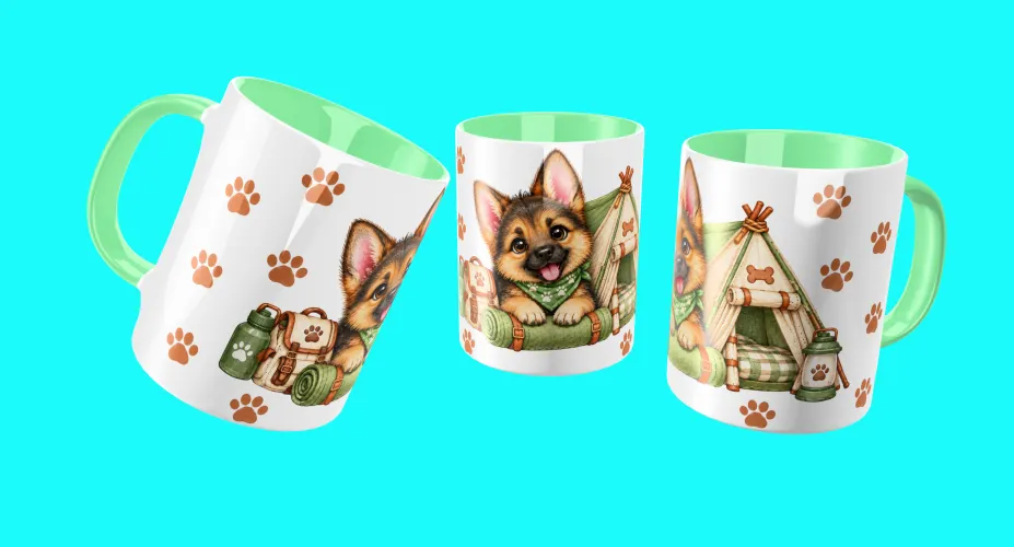Arte para caneca com grupo de cachorrinhos fofos e patinhas coloridas
Arte para caneca com pug fofo em tema camping rosa
Arte para caneca com cachorrinho fofo em acampamento rosa
Arte para caneca com dálmata fofo em casinha entre nuvens e corações
Arte para caneca com cachorrinho fofo em camping verde