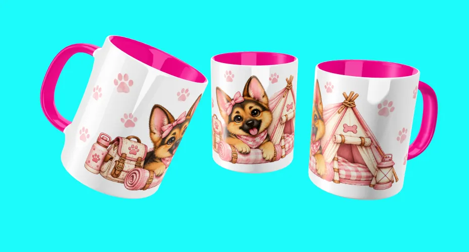 Arte para caneca com grupo de cachorrinhos fofos e patinhas coloridas
Arte para caneca com pug fofo em tema camping rosa
Arte para caneca com cachorrinho fofo em acampamento rosa
Arte para caneca com dálmata fofo em casinha entre nuvens e corações
Arte para caneca com cachorrinho fofo em camping verde