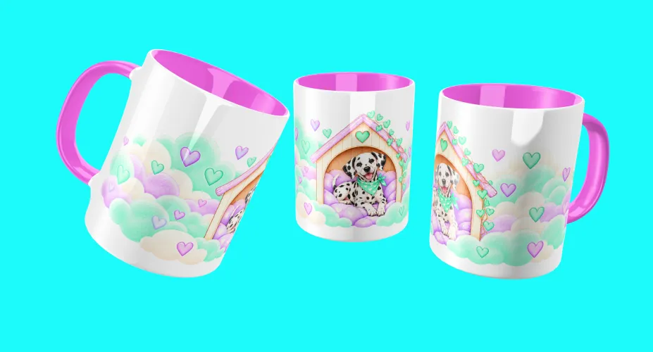 Arte para caneca com grupo de cachorrinhos fofos e patinhas coloridas
Arte para caneca com pug fofo em tema camping rosa
Arte para caneca com cachorrinho fofo em acampamento rosa
Arte para caneca com dálmata fofo em casinha entre nuvens e corações
Arte para caneca com cachorrinho fofo em camping verde