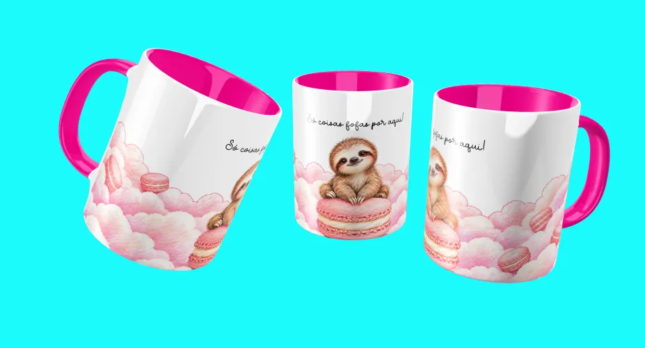 Arte para caneca com ouriço fofo e cupcake rosa
Arte para caneca com preguiça fofa, macaron e nuvens cor-de-rosa
Arte para caneca com ursinho fofo, algodão-doce e nuvens rosas
Arte para caneca com bichinho fofo e doce de chocolate
Arte para caneca com ouriço, cupcake e tema doce em tons pastel