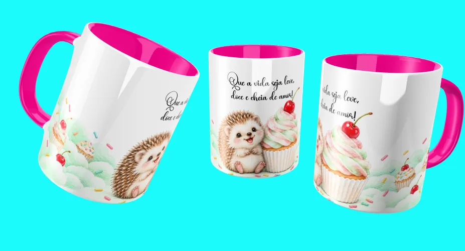 Arte para caneca com ouriço fofo e cupcake rosa
Arte para caneca com preguiça fofa, macaron e nuvens cor-de-rosa
Arte para caneca com ursinho fofo, algodão-doce e nuvens rosas
Arte para caneca com bichinho fofo e doce de chocolate
Arte para caneca com ouriço, cupcake e tema doce em tons pastel