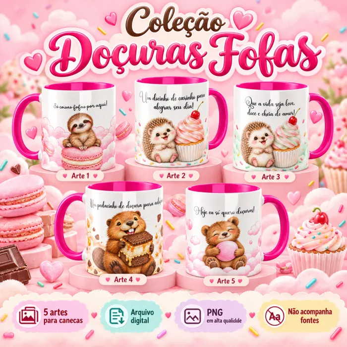 Arte para caneca com ouriço fofo e cupcake rosa
Arte para caneca com preguiça fofa, macaron e nuvens cor-de-rosa
Arte para caneca com ursinho fofo, algodão-doce e nuvens rosas
Arte para caneca com bichinho fofo e doce de chocolate
Arte para caneca com ouriço, cupcake e tema doce em tons pastel