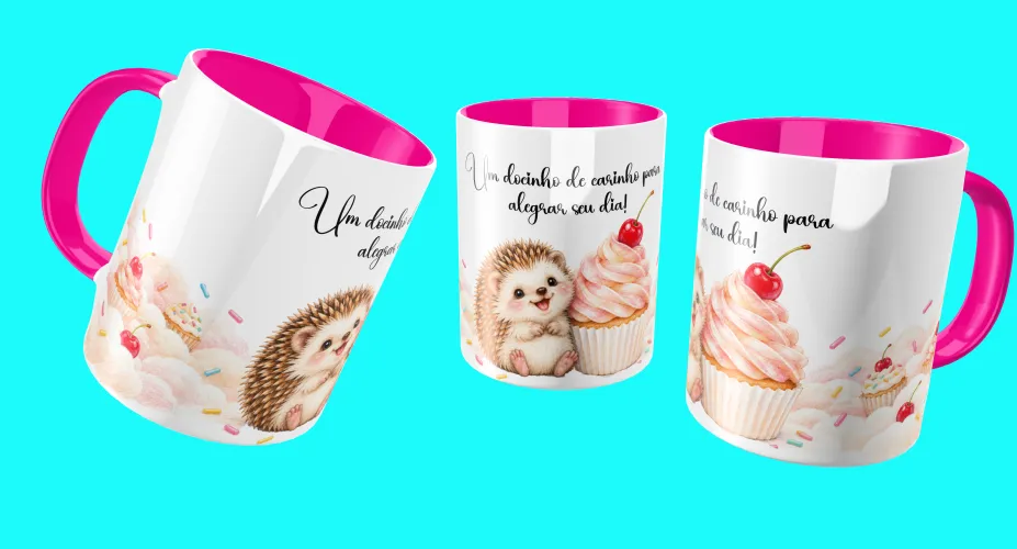 Arte para caneca com ouriço fofo e cupcake rosa
Arte para caneca com preguiça fofa, macaron e nuvens cor-de-rosa
Arte para caneca com ursinho fofo, algodão-doce e nuvens rosas
Arte para caneca com bichinho fofo e doce de chocolate
Arte para caneca com ouriço, cupcake e tema doce em tons pastel