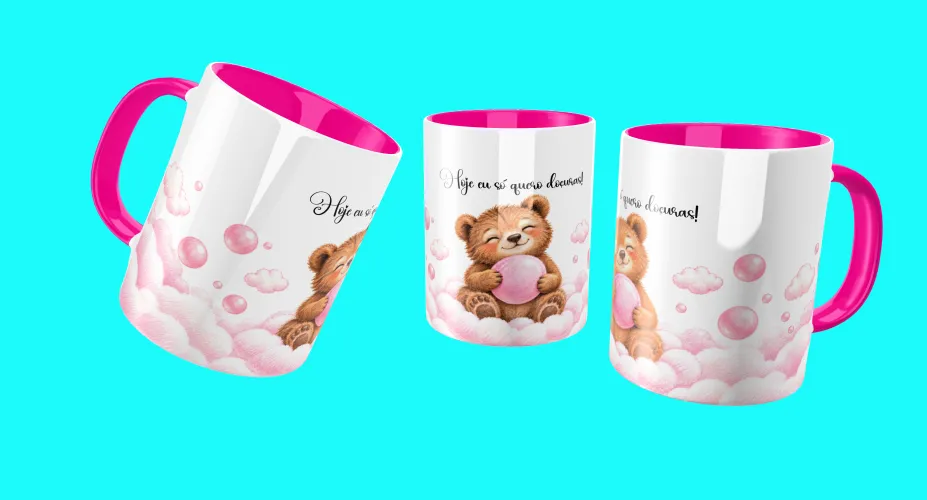 Arte para caneca com ouriço fofo e cupcake rosa
Arte para caneca com preguiça fofa, macaron e nuvens cor-de-rosa
Arte para caneca com ursinho fofo, algodão-doce e nuvens rosas
Arte para caneca com bichinho fofo e doce de chocolate
Arte para caneca com ouriço, cupcake e tema doce em tons pastel