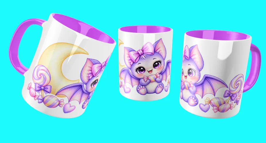 Mockup de canecas com dois morceguinhos fofos, pirulito, cupcake e biscoitos
Mockup de canecas com aranhinha lilás fofa em teia com corações
Mockup de canecas com morceguinho fofo, doces, pirulitos e lua
Mockup de canecas com dragão bruxinho fofo, caldeirão e poções
Mockup de canecas com gatinha bruxinha fofa, caldeirão e doces
Mockup de canecas com morceguinho fofo abraçando almofada entre doces e lua
Mockup de canecas com fantasminha confeiteiro, bolo e carrinho de doces