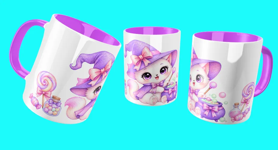 Mockup de canecas com dois morceguinhos fofos, pirulito, cupcake e biscoitos
Mockup de canecas com aranhinha lilás fofa em teia com corações
Mockup de canecas com morceguinho fofo, doces, pirulitos e lua
Mockup de canecas com dragão bruxinho fofo, caldeirão e poções
Mockup de canecas com gatinha bruxinha fofa, caldeirão e doces
Mockup de canecas com morceguinho fofo abraçando almofada entre doces e lua
Mockup de canecas com fantasminha confeiteiro, bolo e carrinho de doces