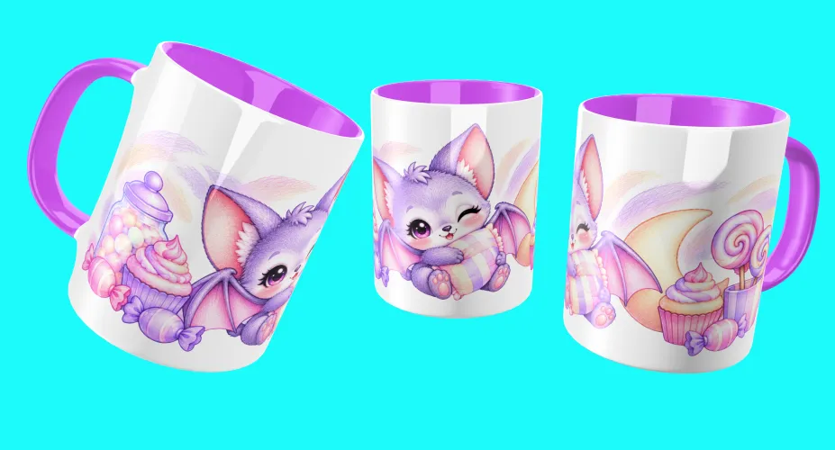 Mockup de canecas com dois morceguinhos fofos, pirulito, cupcake e biscoitos
Mockup de canecas com aranhinha lilás fofa em teia com corações
Mockup de canecas com morceguinho fofo, doces, pirulitos e lua
Mockup de canecas com dragão bruxinho fofo, caldeirão e poções
Mockup de canecas com gatinha bruxinha fofa, caldeirão e doces
Mockup de canecas com morceguinho fofo abraçando almofada entre doces e lua
Mockup de canecas com fantasminha confeiteiro, bolo e carrinho de doces