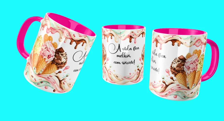 Arte para caneca com ursinha fofa e sorvetes coloridos
Arte para caneca com sorvetes e frase A vida fica melhor com sorvete
Arte para caneca com ursinho fofo, carrinho e sorvetes
Arte para caneca com casquinhas de sorvete em tons pastel
Arte para caneca com sorvetes coloridos e detalhes doces
Arte para caneca com menina fofa e sorvetes em tons pastel
Arte para caneca com menina e tema de sorveteria fofa