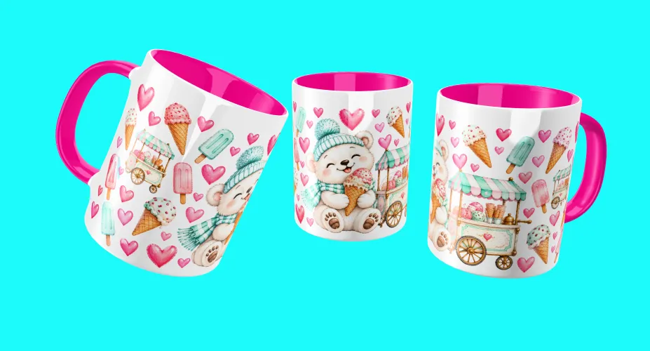 Arte para caneca com ursinha fofa e sorvetes coloridos
Arte para caneca com sorvetes e frase A vida fica melhor com sorvete
Arte para caneca com ursinho fofo, carrinho e sorvetes
Arte para caneca com casquinhas de sorvete em tons pastel
Arte para caneca com sorvetes coloridos e detalhes doces
Arte para caneca com menina fofa e sorvetes em tons pastel
Arte para caneca com menina e tema de sorveteria fofa