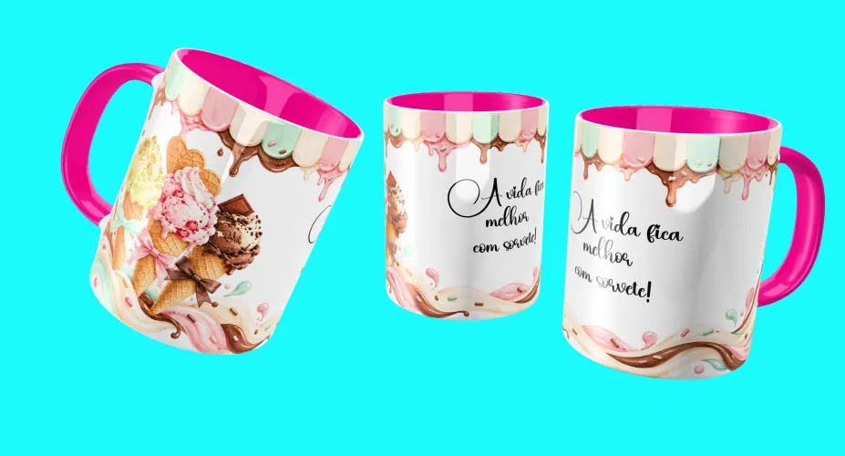 Arte para caneca com ursinha fofa e sorvetes coloridos
Arte para caneca com sorvetes e frase A vida fica melhor com sorvete
Arte para caneca com ursinho fofo, carrinho e sorvetes
Arte para caneca com casquinhas de sorvete em tons pastel
Arte para caneca com sorvetes coloridos e detalhes doces
Arte para caneca com menina fofa e sorvetes em tons pastel
Arte para caneca com menina e tema de sorveteria fofa