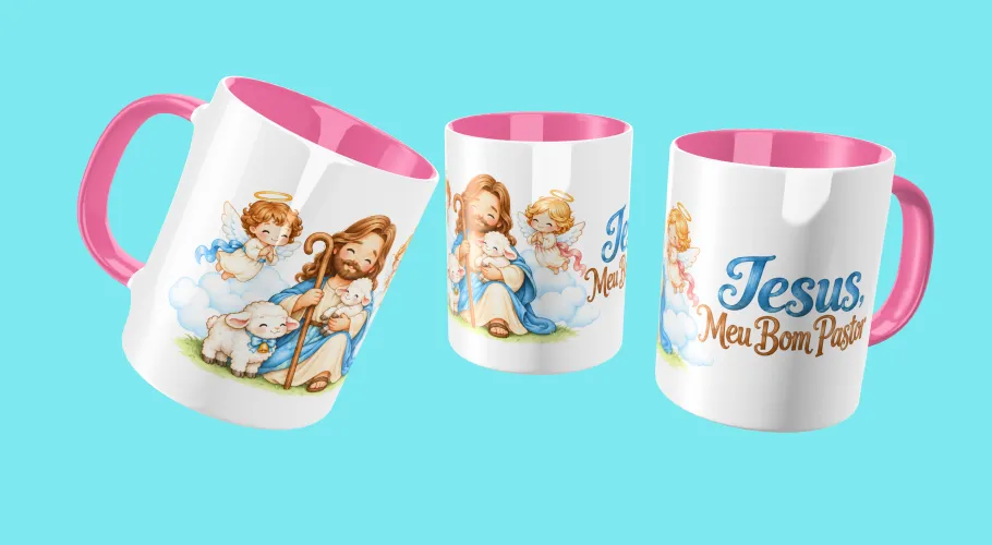 Pack com 8 artes Jesus Bom Pastor para canecas em PNG, alta resolução e fundo transparente. Ideal para sublimação e personalização.