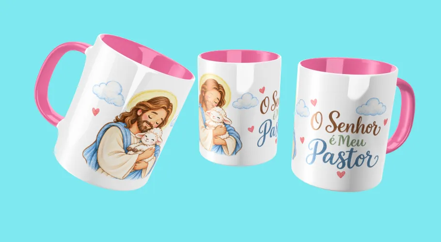 Pack com 8 artes Jesus Bom Pastor para canecas em PNG, alta resolução e fundo transparente. Ideal para sublimação e personalização.