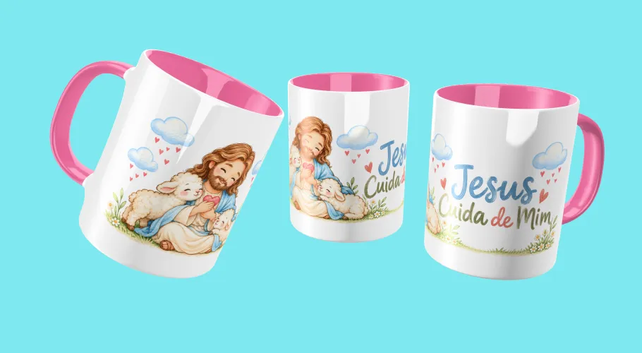 Pack com 8 artes Jesus Bom Pastor para canecas em PNG, alta resolução e fundo transparente. Ideal para sublimação e personalização.