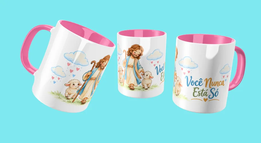 Pack com 8 artes Jesus Bom Pastor para canecas em PNG, alta resolução e fundo transparente. Ideal para sublimação e personalização.