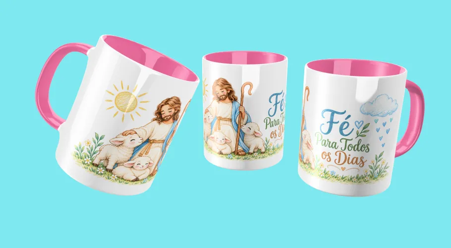 Pack com 8 artes Jesus Bom Pastor para canecas em PNG, alta resolução e fundo transparente. Ideal para sublimação e personalização.