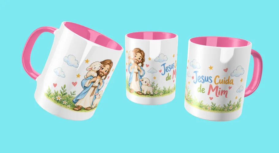 Pack com 8 artes Jesus Bom Pastor para canecas em PNG, alta resolução e fundo transparente. Ideal para sublimação e personalização.
