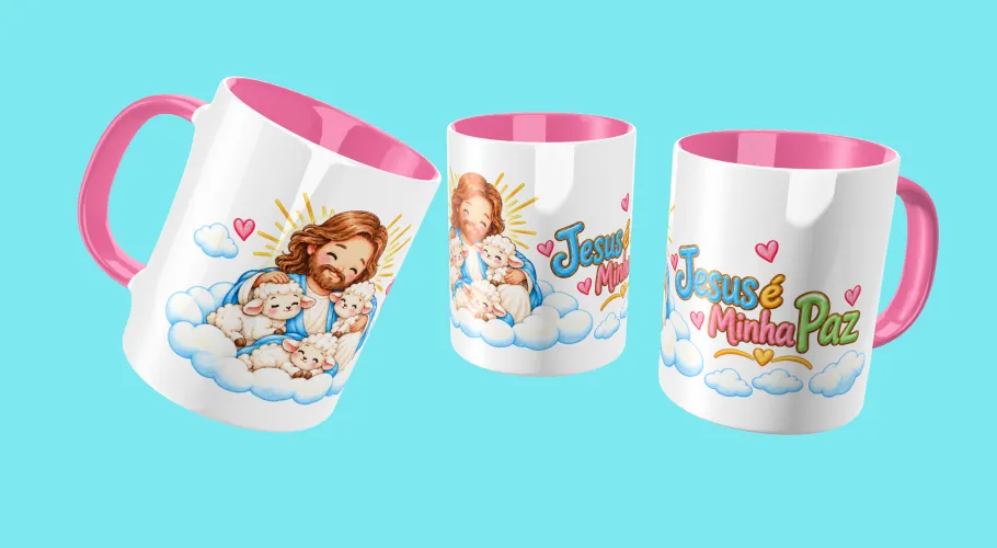 Pack com 8 artes Jesus Bom Pastor para canecas em PNG, alta resolução e fundo transparente. Ideal para sublimação e personalização.