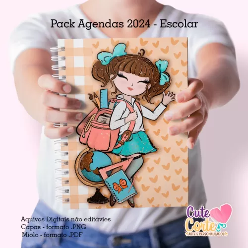 Pack Escolar 2024 – Agenda A5 – 15 Capas x 4 miolos – Datados e Permanentes (Cute Corte)