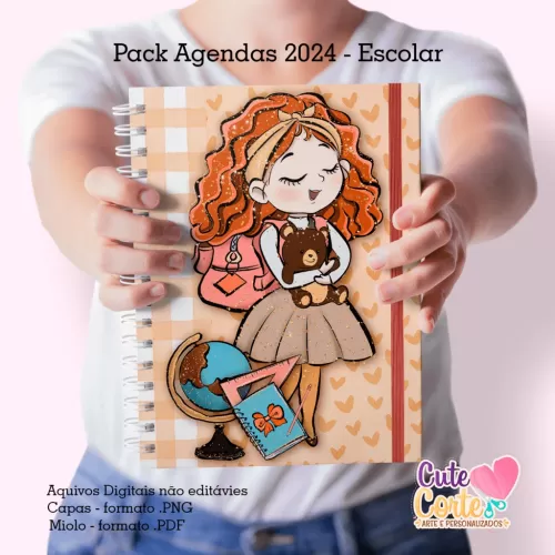 Pack Escolar 2024 – Agenda A5 – 15 Capas x 4 miolos – Datados e Permanentes (Cute Corte)