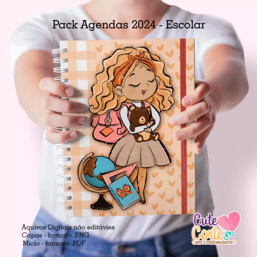Pack Escolar 2024 – Agenda A5 – 15 Capas x 4 miolos – Datados e Permanentes (Cute Corte)