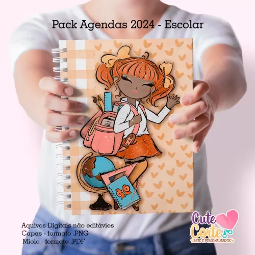 Pack Escolar 2024 – Agenda A5 – 15 Capas x 4 miolos – Datados e Permanentes (Cute Corte)