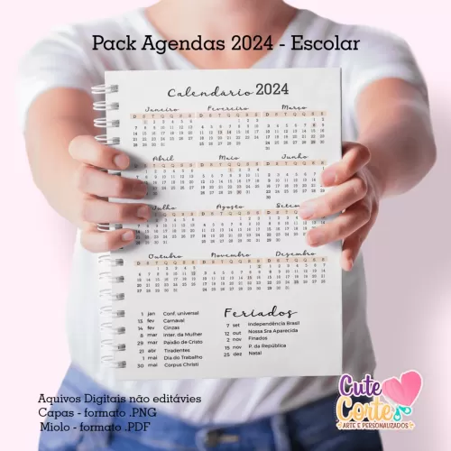 Pack Escolar 2024 – Agenda A5 – 15 Capas x 4 miolos – Datados e Permanentes (Cute Corte)