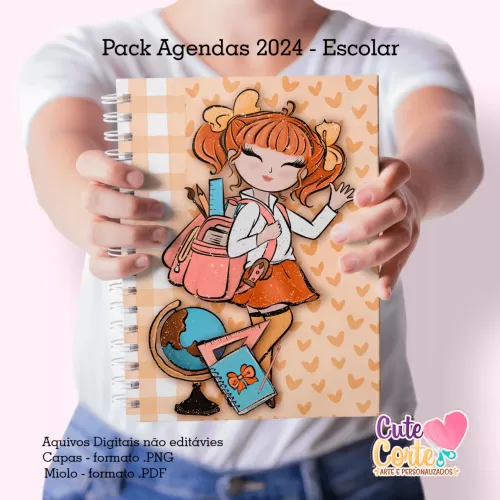 Pack Escolar 2024 – Agenda A5 – 15 Capas x 4 miolos – Datados e Permanentes (Cute Corte)