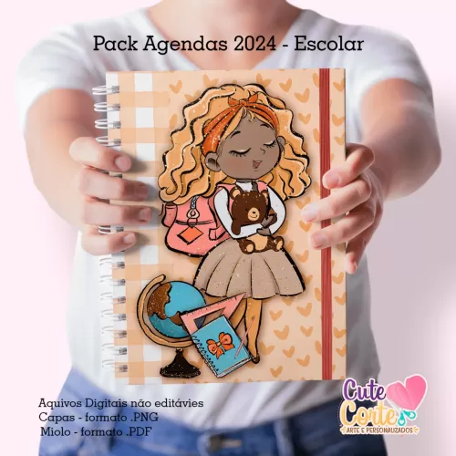 Pack Escolar 2024 – Agenda A5 – 15 Capas x 4 miolos – Datados e Permanentes (Cute Corte)