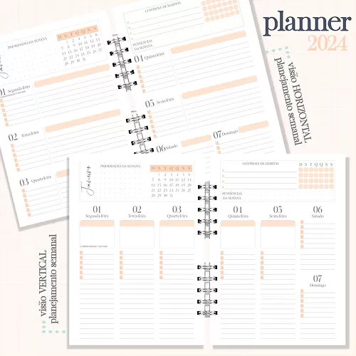 Planner 2024 FEMININO – visão horizontal e vertical – Bruna Dias Papelaria