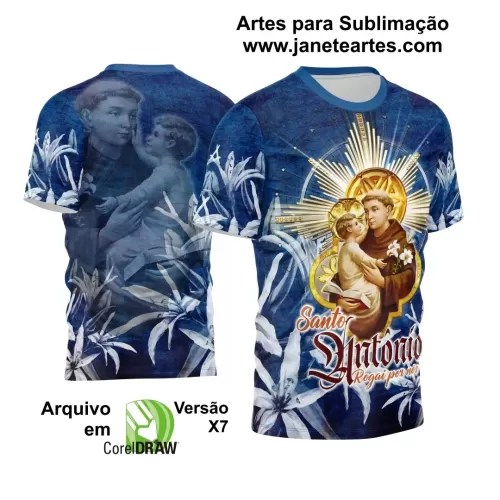 Template Camisa Azul Flores Brancas  Religião - Santo Antônio 2024