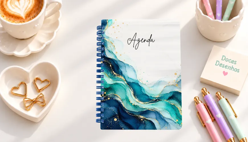 Agenda 2027 com capa em aquarela azul turquesa marmorizada