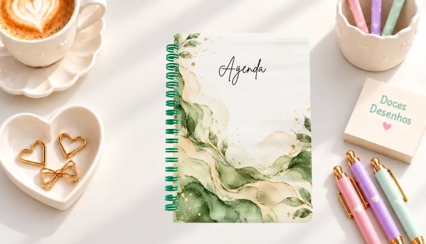 Agenda 2027 com capa em aquarela verde botânica com folhas