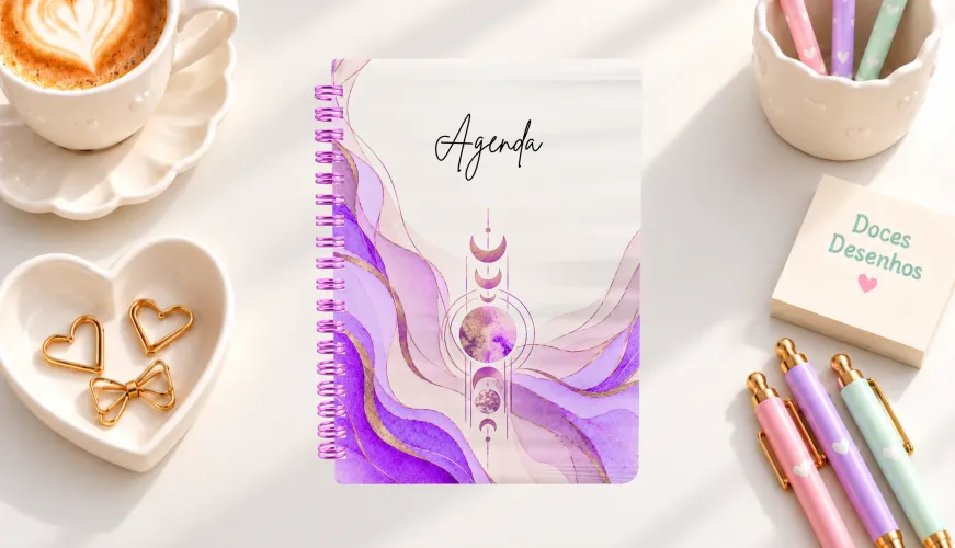 Agenda 2027 com fases da lua em aquarela lilás, roxa e rosa