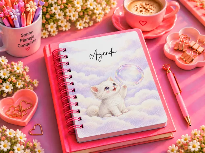 Agenda 2027 com gatinho fofo brincando com bolha de sabão entre nuvens