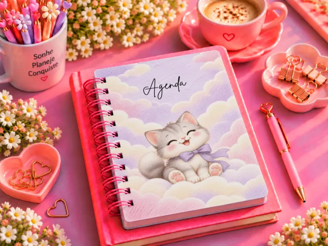 Agenda 2027 com gatinho fofo usando laço lilás entre nuvens