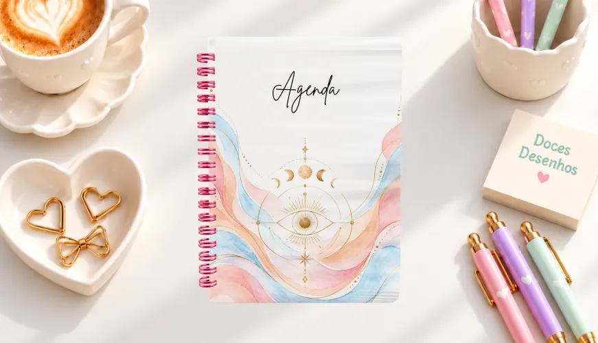 Agenda 2027 com olho místico, fases da lua e aquarela rosa e azul