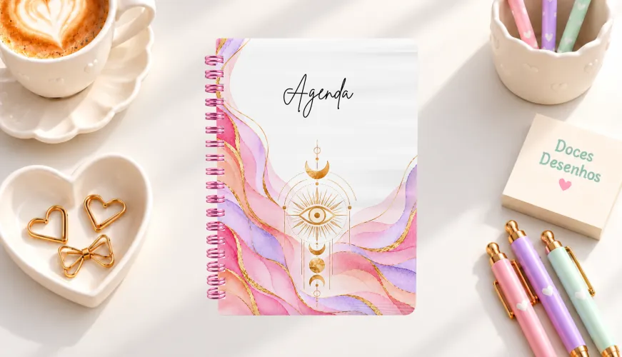 Agenda 2027 com olho místico dourado em aquarela rosa e lilás