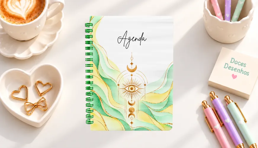 Agenda 2027 com olho místico dourado em aquarela verde e amarelo