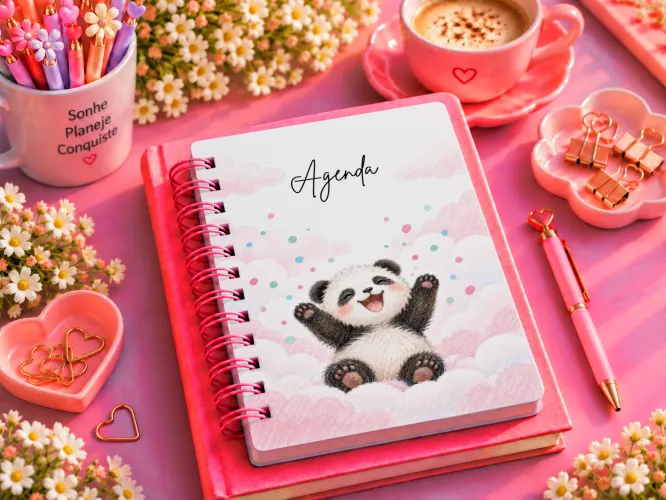 Agenda 2027 Panda Fofo entre nuvens em tons rosa pastel