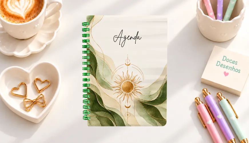 Agenda 2027 com sol dourado e aquarela verde e bege