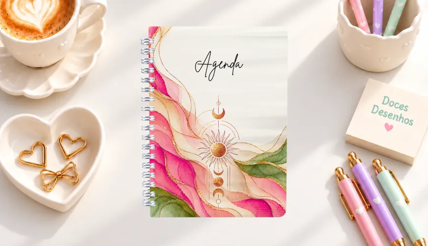 Agenda 2027 com sol e lua dourados em aquarela rosa e verde