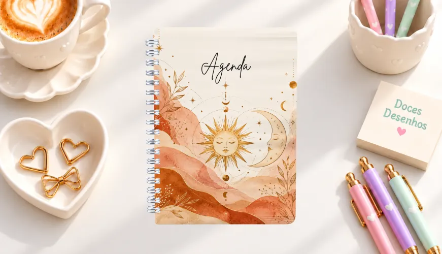 Agenda 2027 com sol e lua dourados em aquarela terracota e bege