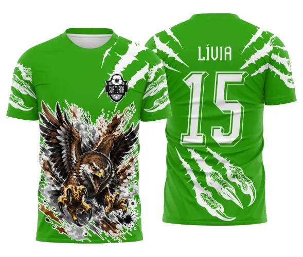 Arquivo digital de estampa esportiva interclasse mascote gavião com marcas de garras e número traseiro editável.