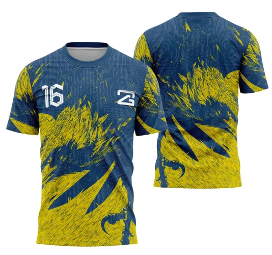 Camisa azul escura com estampa frontal de águia amarela imponente, números 16 e 21 em branco, e costas com continuação da arte da águia em amarelo contra textura azul.
