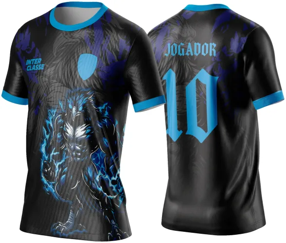 Camisa preta com detalhes em azul, frente com águia com eletricidade azul e texto INTER CLASSE, costas com texto JOGADOR e número 10 azul, mangas e gola em azul claro