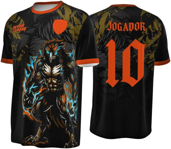 Camisa preta com águia eléctrica musculosa em frente, detalhes laranja nas bordas, textos INTER CLASSE no peito, costas com JOGADOR e número 10 em laranja sob fundo negro dourado