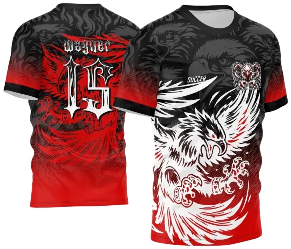 Camisa com grande águia branca em voo e detalhes em vermelho e preto na frente, e nas costas uma águia vermelha estilizada com número 15 branco e o texto 'INTER CLASS'. Fundo preto com degradê vermelho e detalhes tribais.