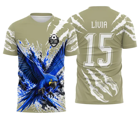 Arte esportiva de arara azul para camisa de atletismo escolar e competição interclasse Arte Autoral Doces Desenhos